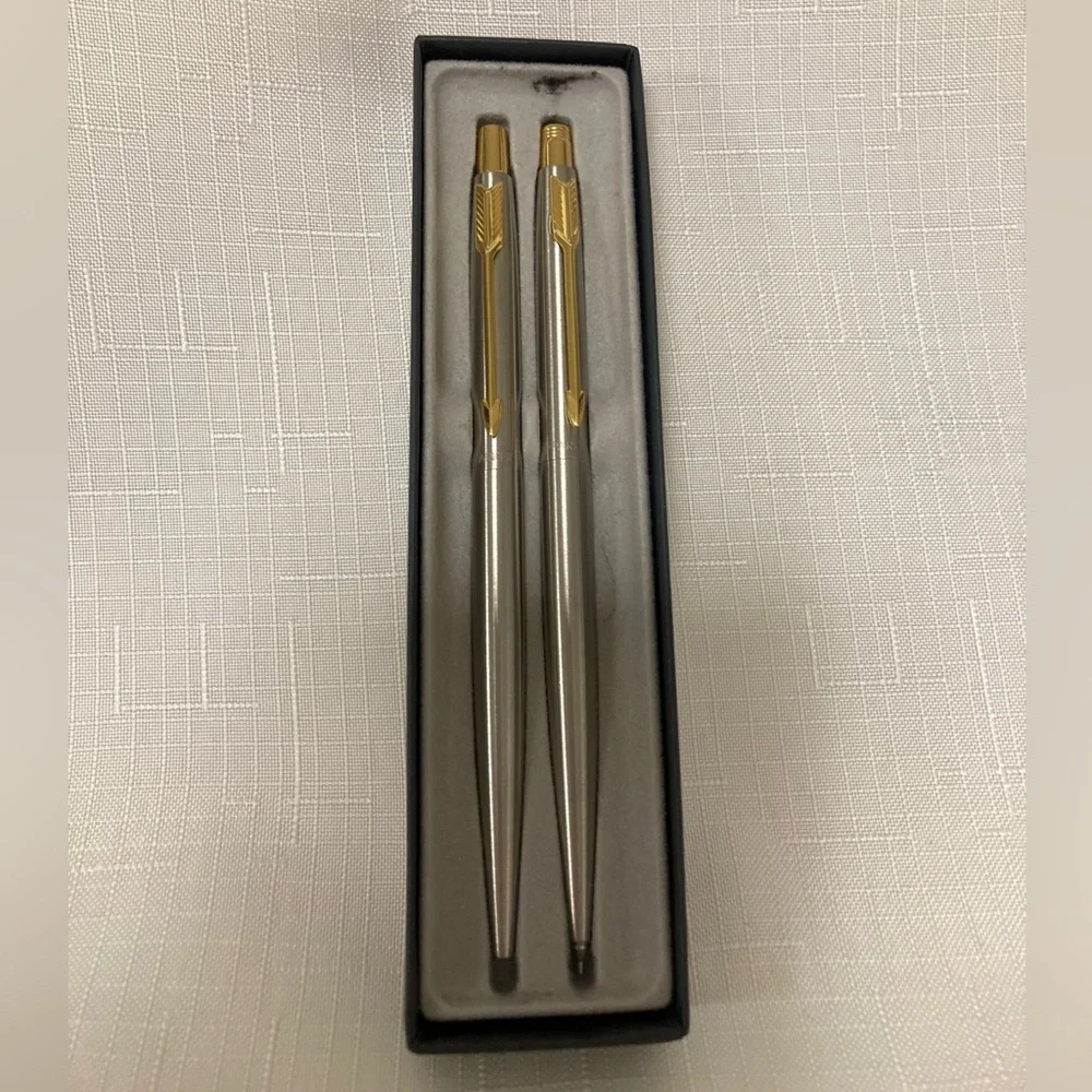 Vintage Parker Pen Pencil Set Stainless Steel Gold Trim Brass Refillable Classic